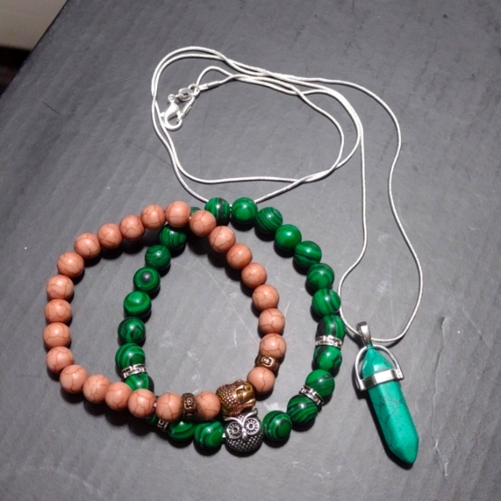 3 piece set turquoise crystal, malachite and rutilated quart's